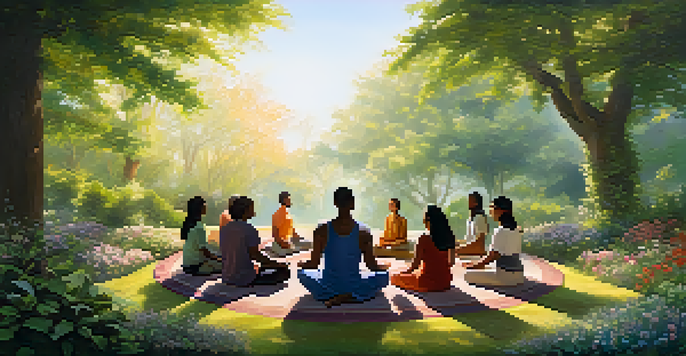A diverse group of people meditating together in a circle in a lush green garden, with soft morning light filtering through the trees.