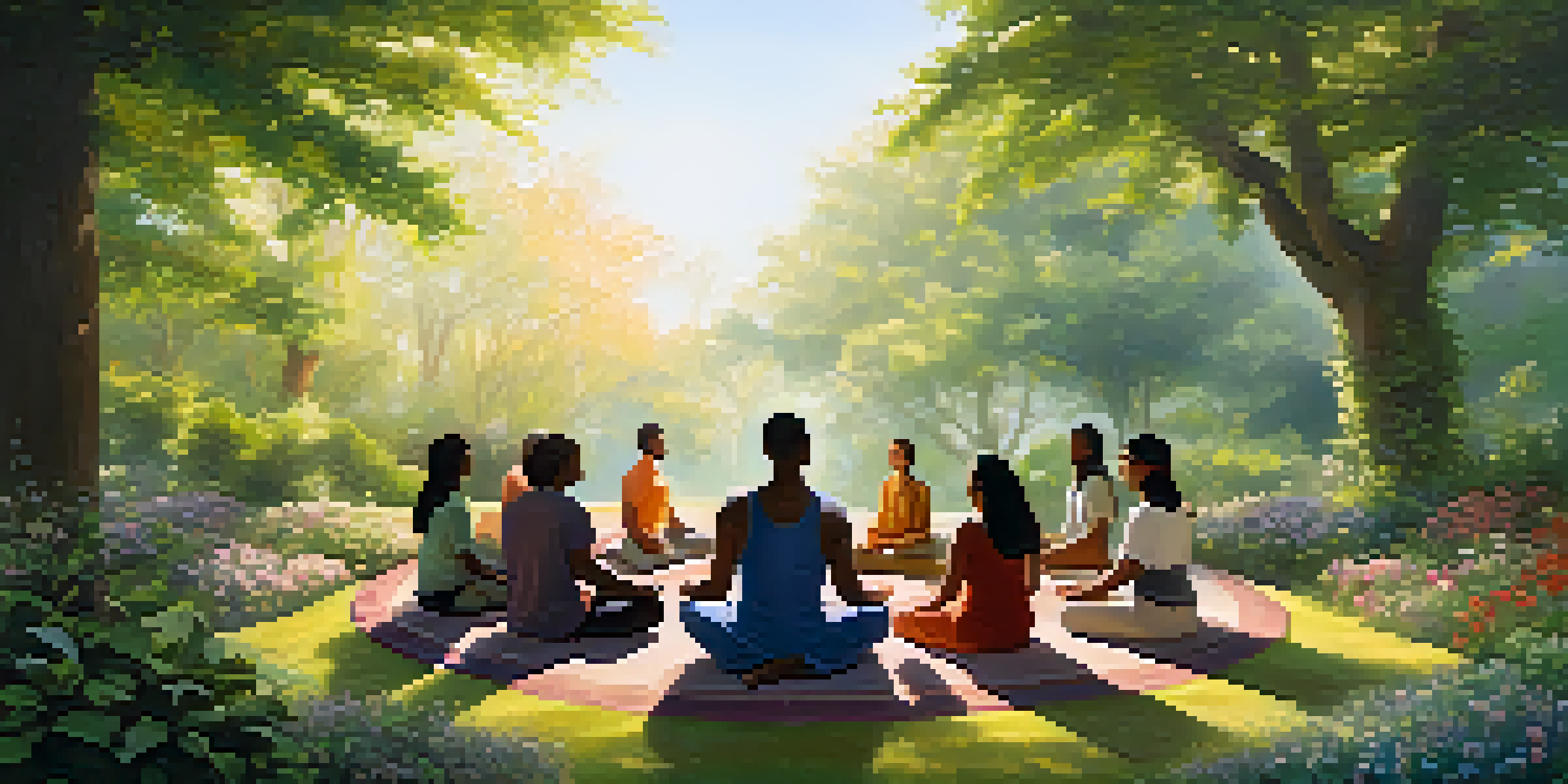 A diverse group of people meditating together in a circle in a lush green garden, with soft morning light filtering through the trees.