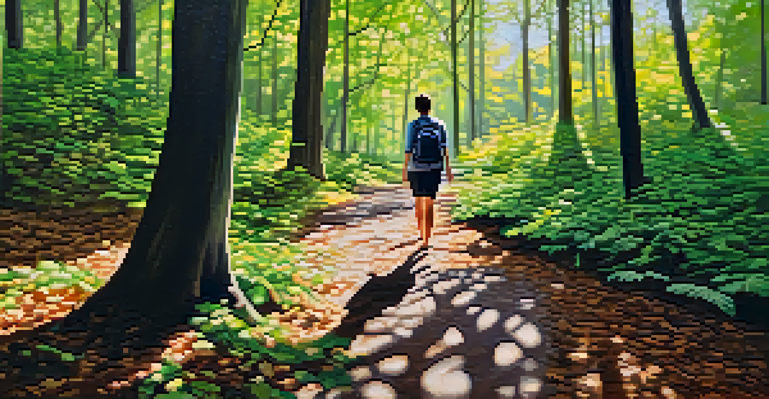 A person walking mindfully on a forest path, focusing on the ground beneath their feet, surrounded by vibrant greenery.