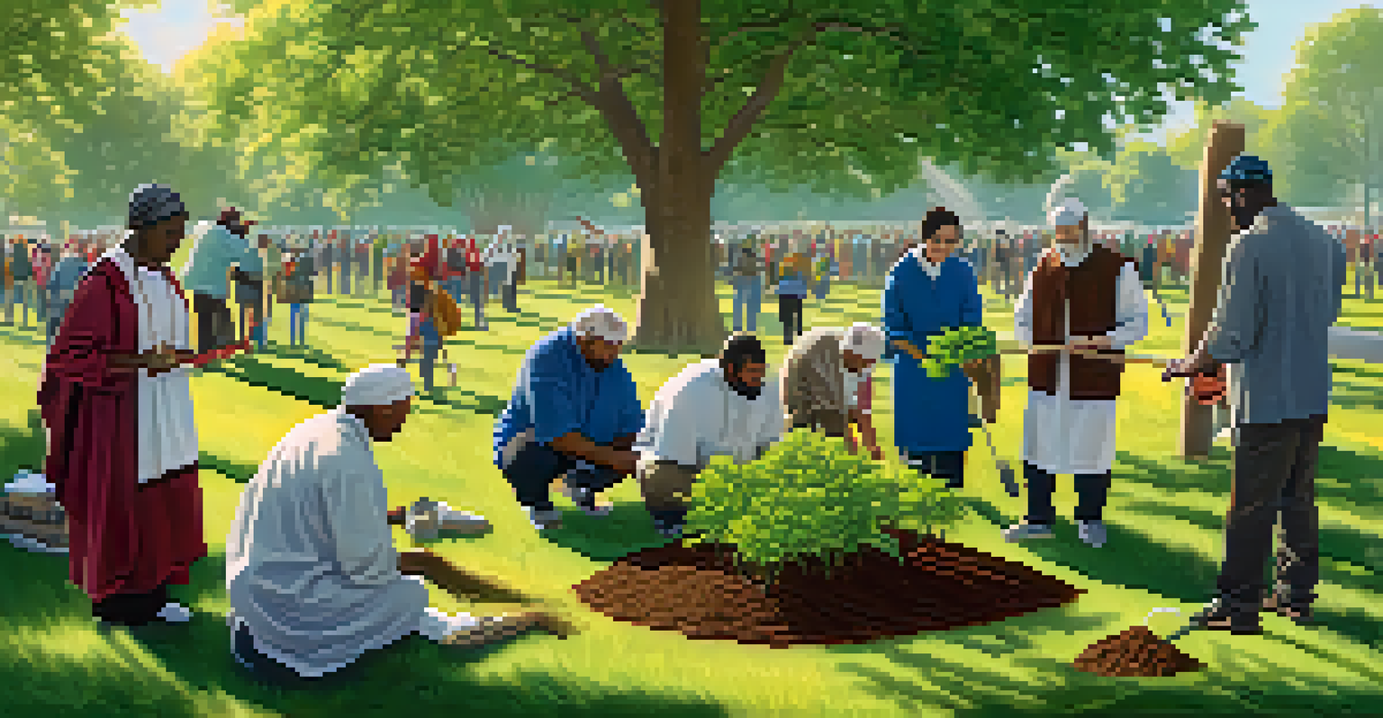 A diverse group of individuals from different faiths planting trees together in a park on a sunny day.