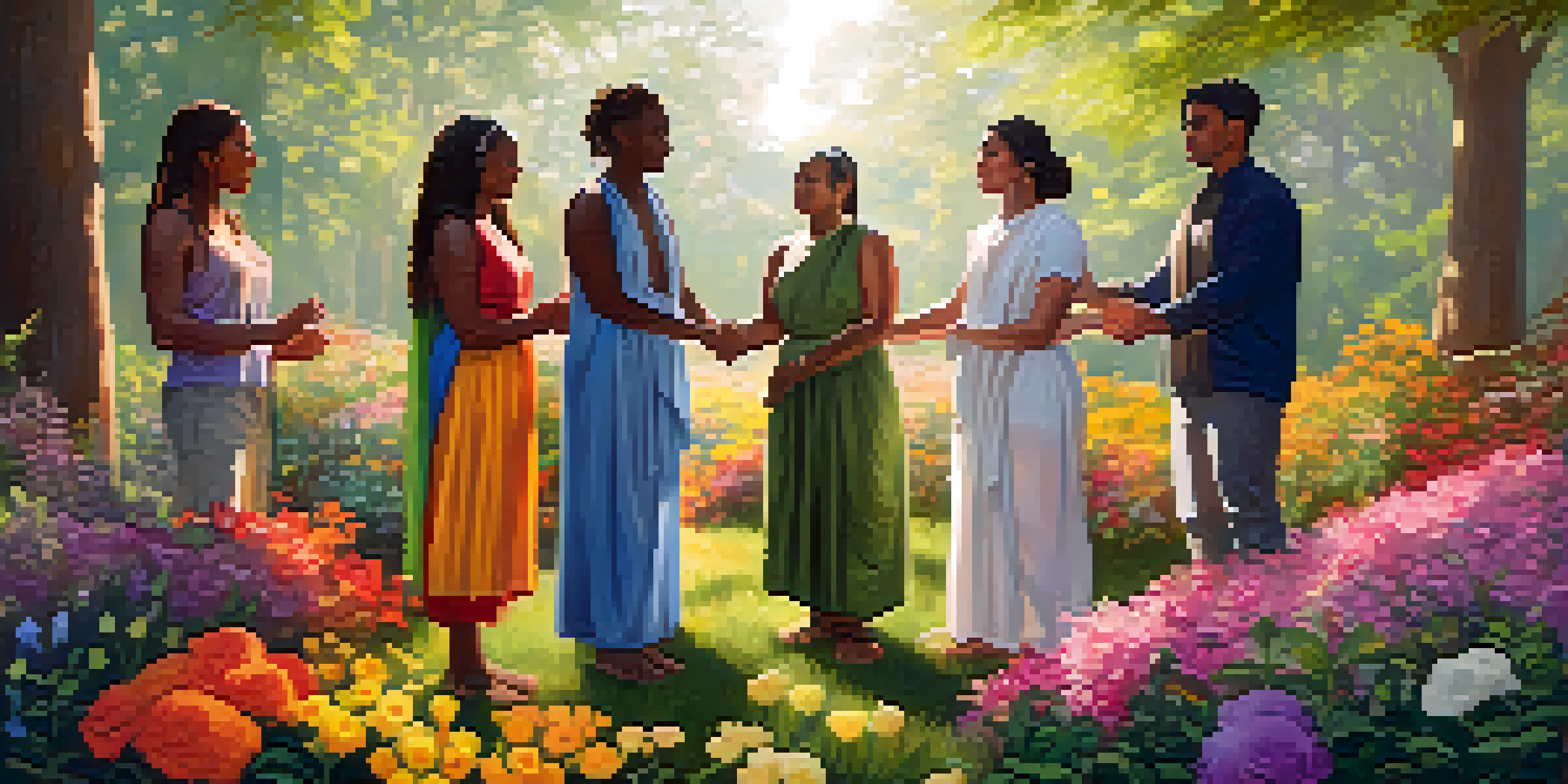 A diverse group of LGBTQ+ individuals holding hands in a circle during a spiritual ritual in a lush green outdoor setting, with sunlight filtering through the trees.