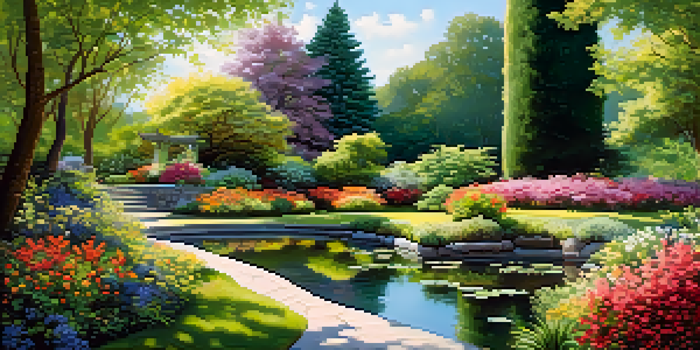A tranquil garden with colorful flowers, tall trees, and a reflective pond under a clear blue sky.