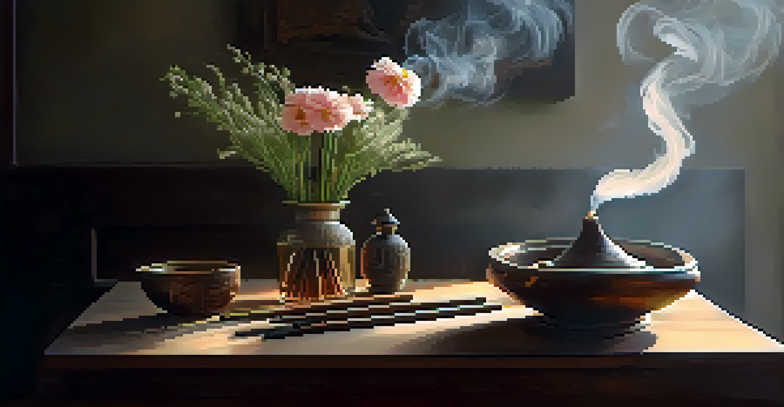 A wooden table set for a spiritual ritual with incense sticks, water, and fresh flowers, illuminated by soft ambient lighting and rising incense smoke.