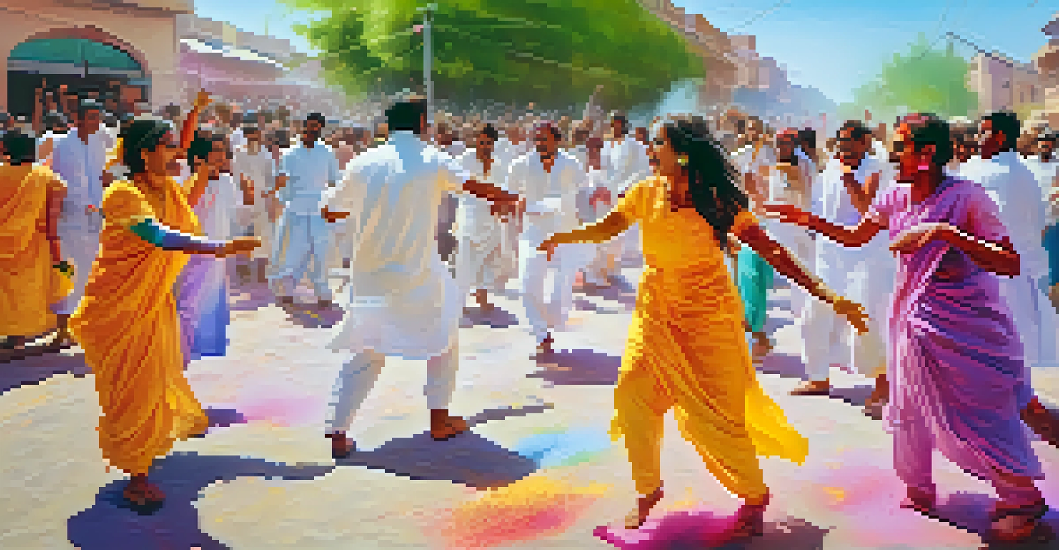 People celebrating Holi by throwing colored powders in a vibrant street.