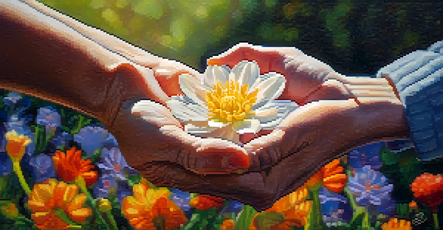 A close-up of hands holding a blooming flower, symbolizing hope, with a blurred garden in the background.