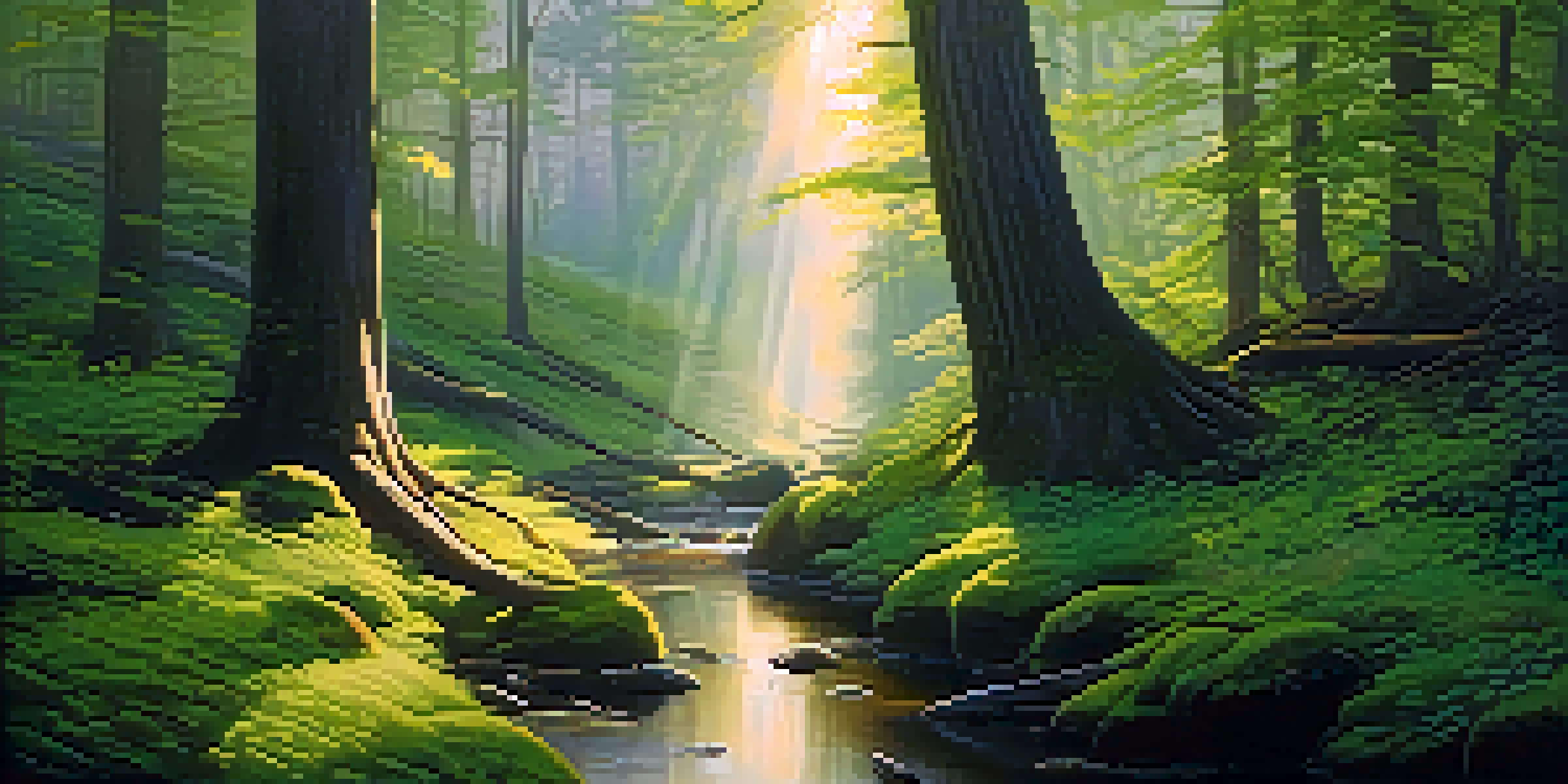 A peaceful forest with sunlight filtering through trees and a misty atmosphere, featuring a clear stream.