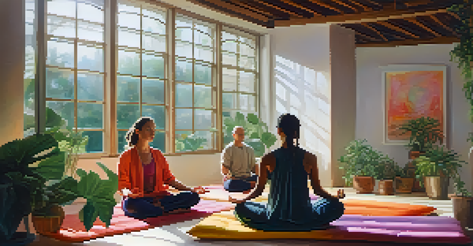 Individuals meditating in a tranquil indoor setting, sitting in lotus position on colorful cushions surrounded by plants and soft lighting.