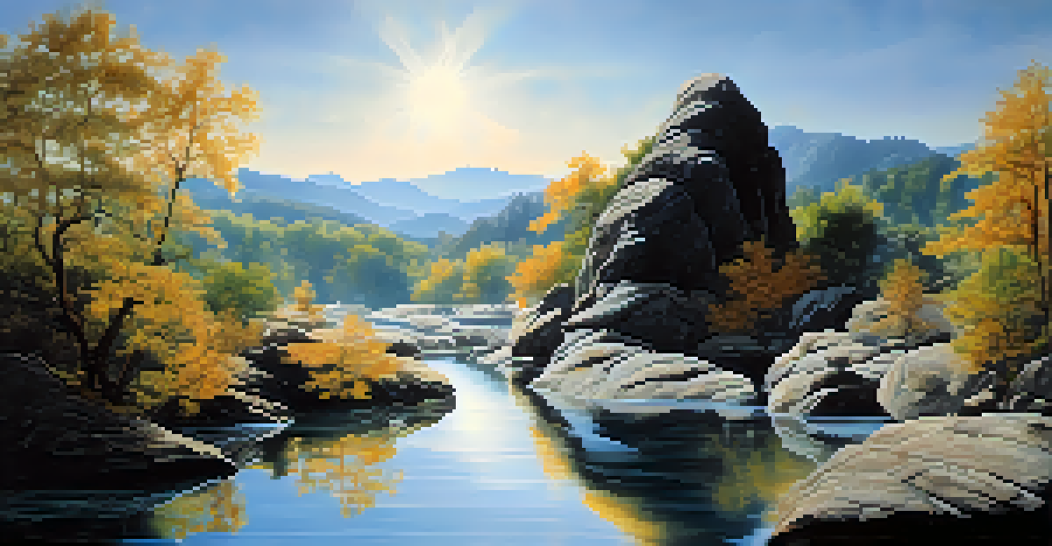 An abstract image of a river flowing smoothly around a large rock, showcasing the concept of Wu Wei with vibrant reflections.