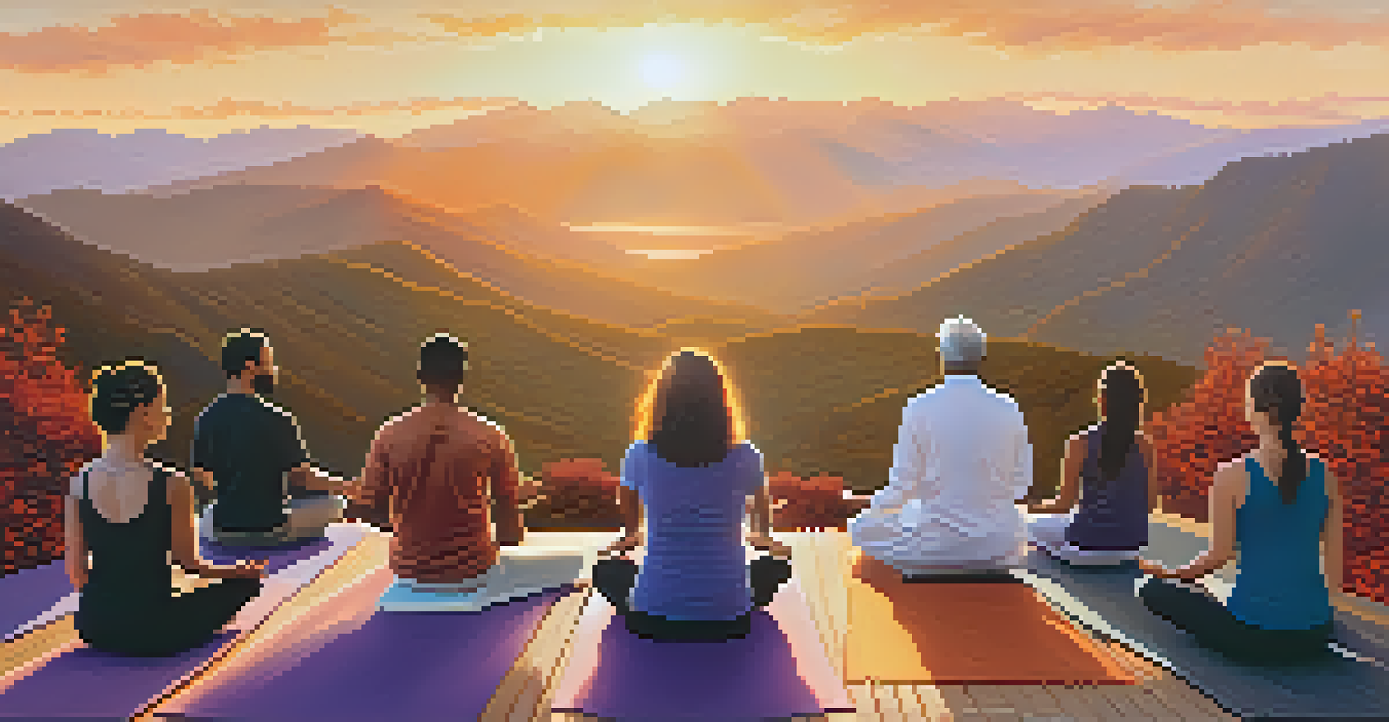 A group of spiritual leaders practicing yoga together outdoors at sunrise, with mountains in the background.