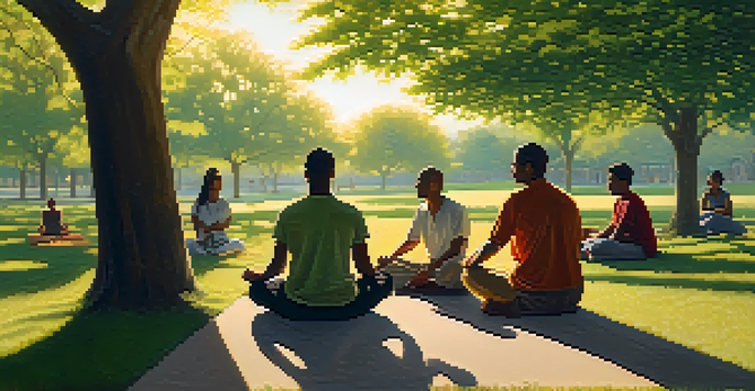 A diverse group of individuals practicing communal fasting in a serene park at sunset.