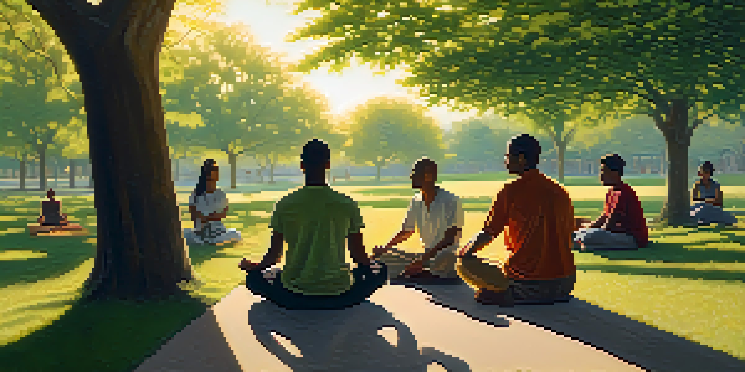 A diverse group of individuals practicing communal fasting in a serene park at sunset.
