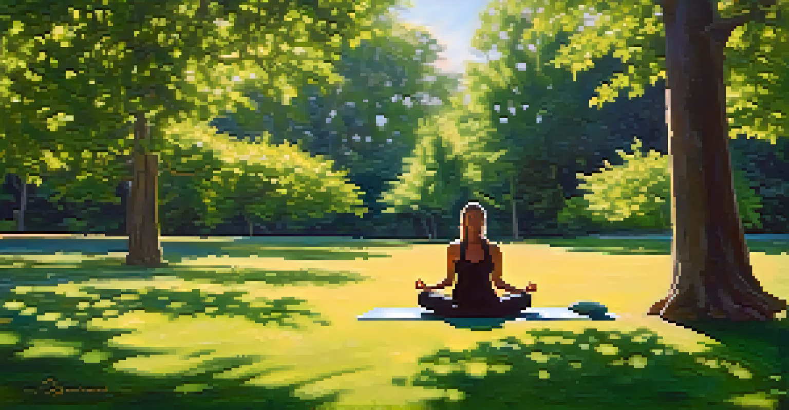 A person meditating on a yoga mat in a lush park, surrounded by blooming flowers and trees, with sunlight filtering through the leaves.