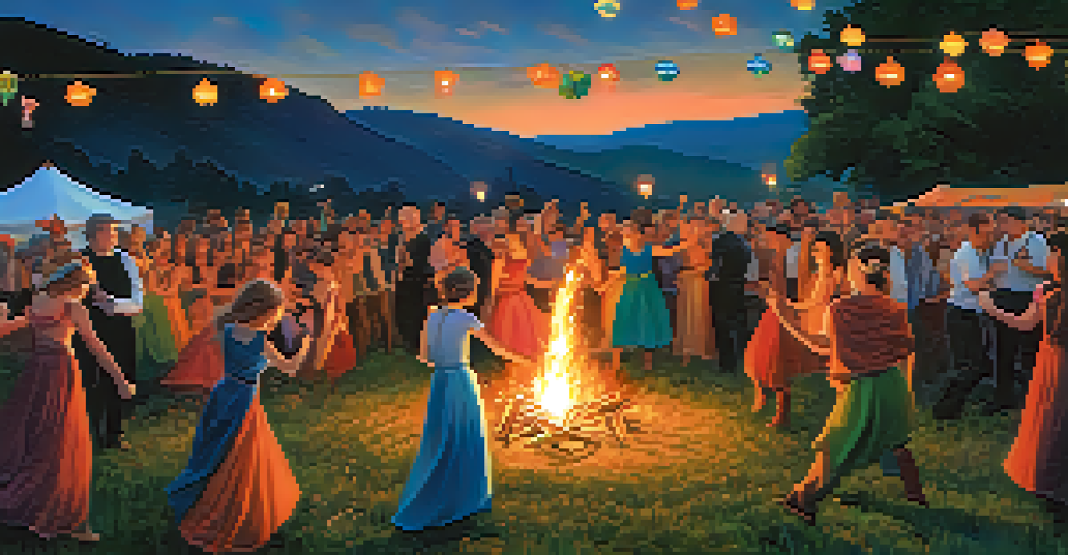 A diverse group of people dancing around a bonfire during a modern Celtic festival, set against a twilight sky.