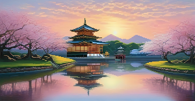 A peaceful Buddhist temple surrounded by cherry blossoms and greenery at sunset.