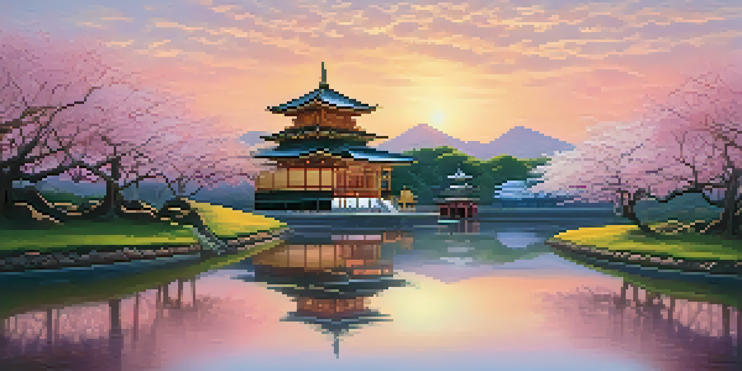 A peaceful Buddhist temple surrounded by cherry blossoms and greenery at sunset.