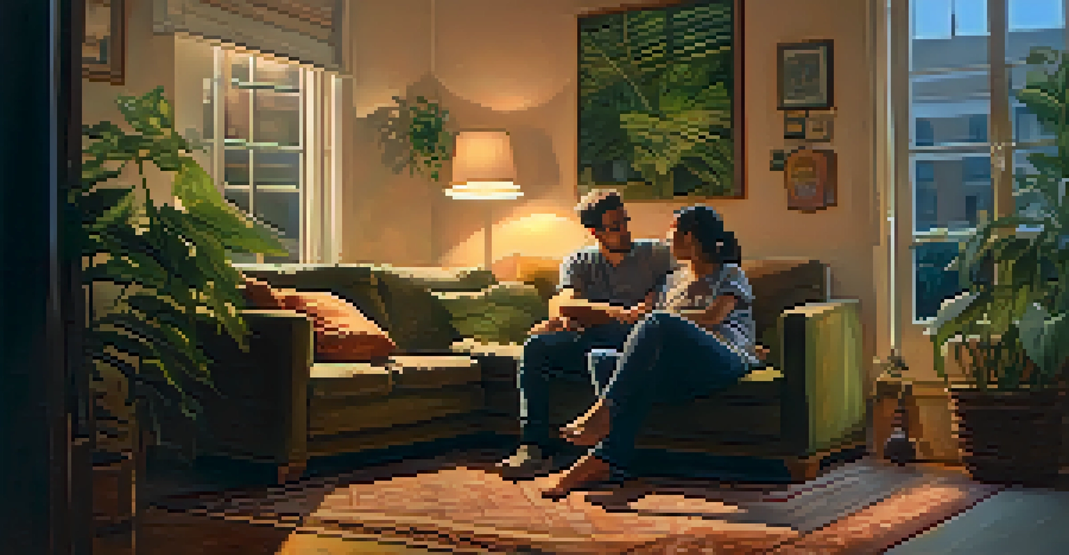 Two people sitting on a living room floor, having a deep conversation surrounded by soft lighting and cozy decor.