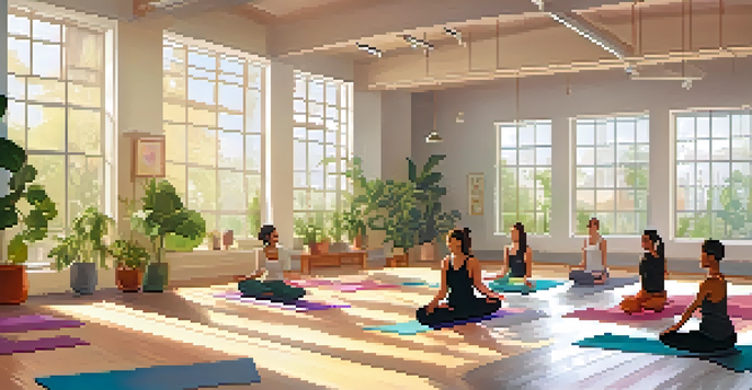 A peaceful yoga studio with sunlight streaming through windows, showing people practicing yoga on colorful mats surrounded by plants.