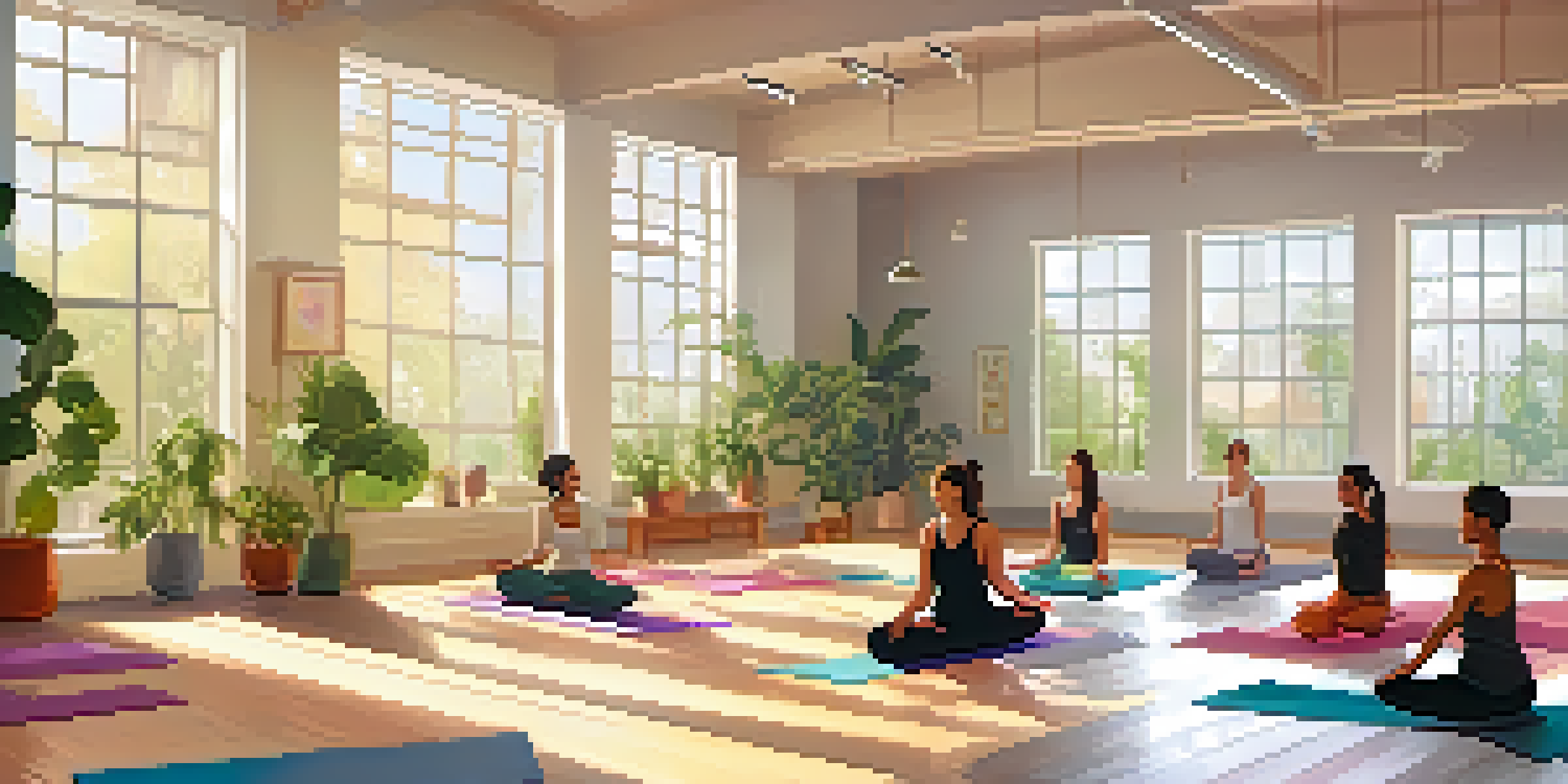 A peaceful yoga studio with sunlight streaming through windows, showing people practicing yoga on colorful mats surrounded by plants.