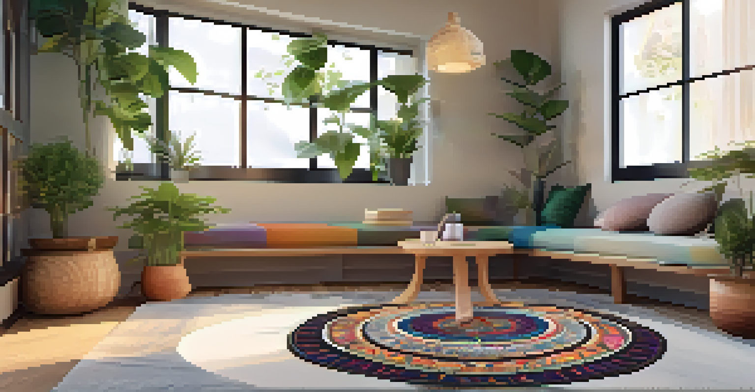 A cozy meditation space with a mandala rug, cushions, and candles, illuminated by warm light from a window.