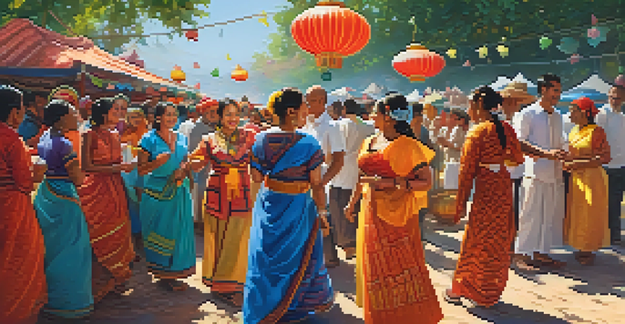 A lively and colorful cultural festival with diverse attendees in traditional clothing, decorated stalls, and sunlight filtering through trees.