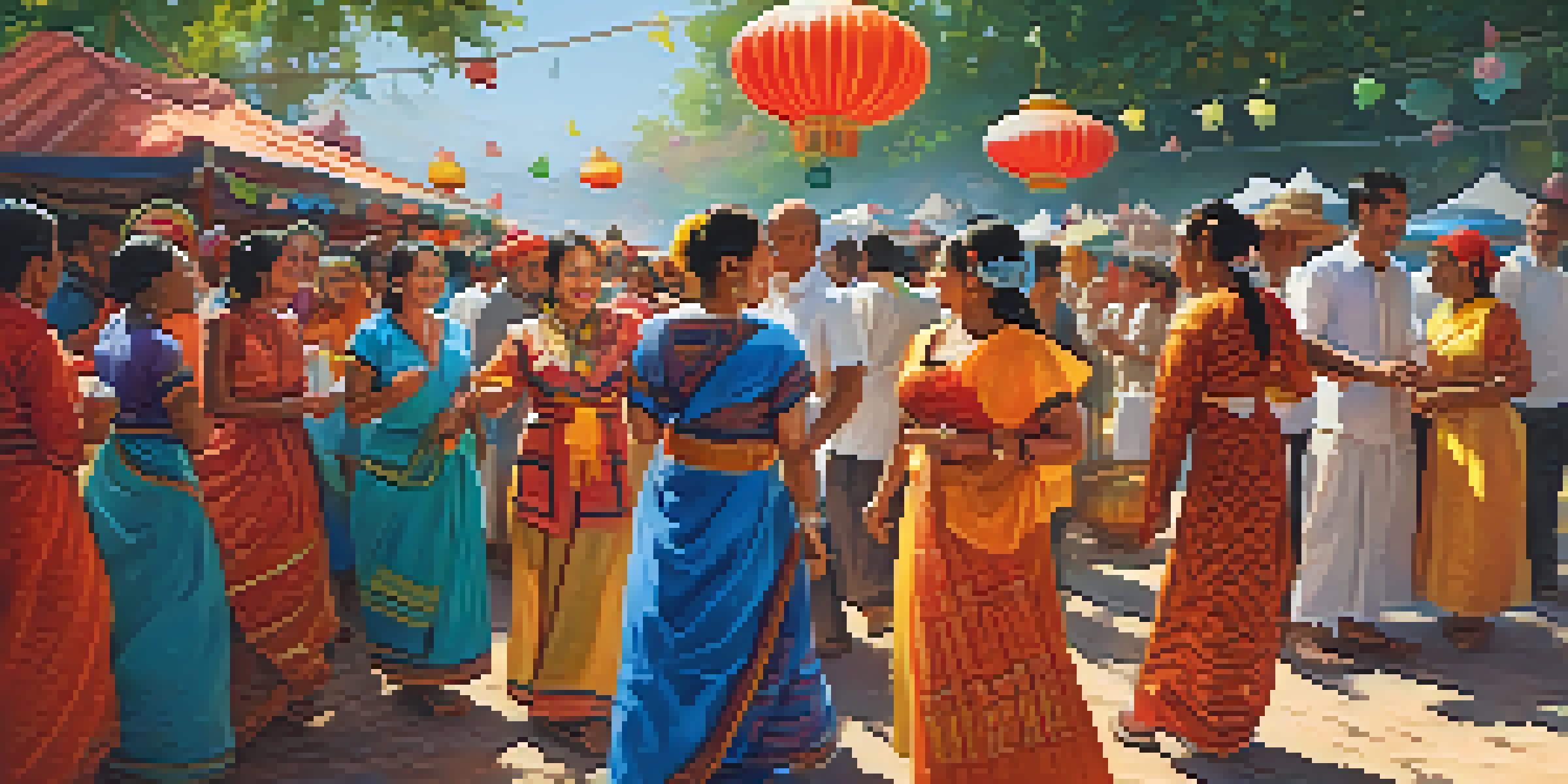 A lively and colorful cultural festival with diverse attendees in traditional clothing, decorated stalls, and sunlight filtering through trees.