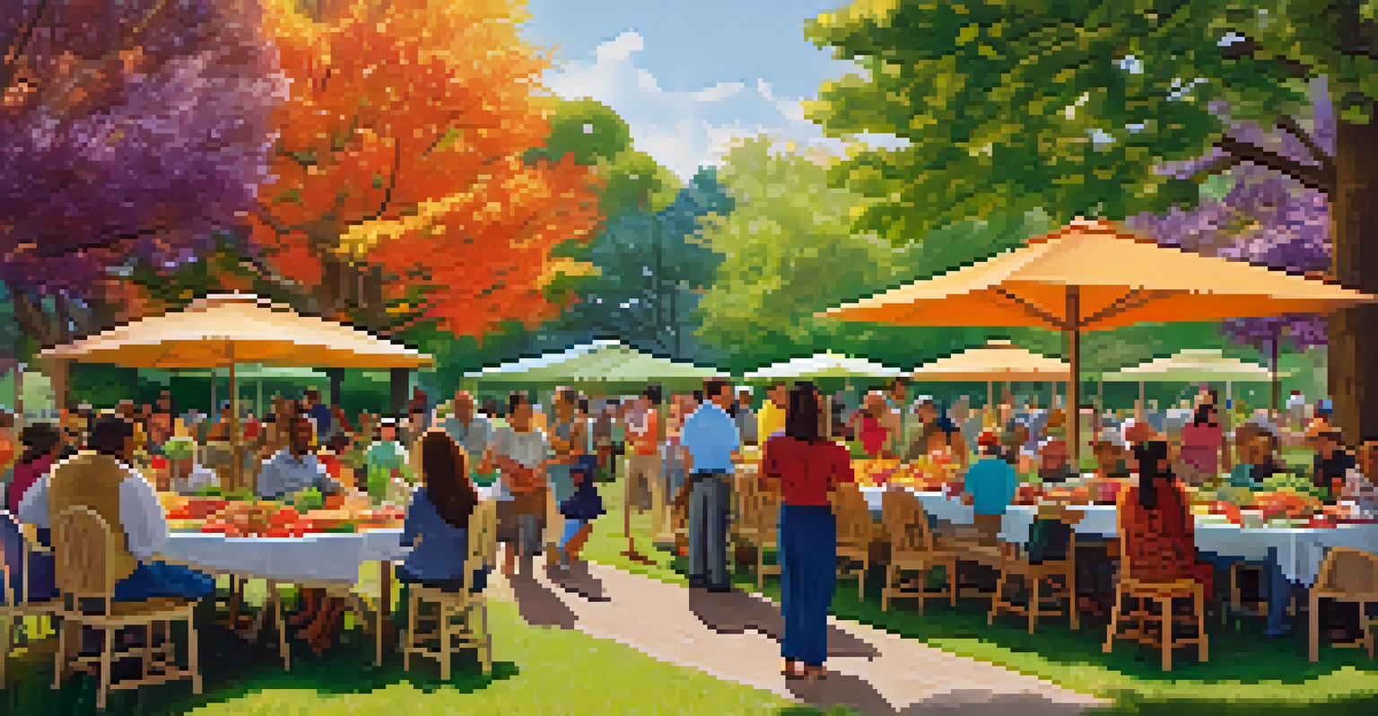 A vibrant community gathering in a park for a harvest festival, with diverse people enjoying fresh produce and natural decorations.