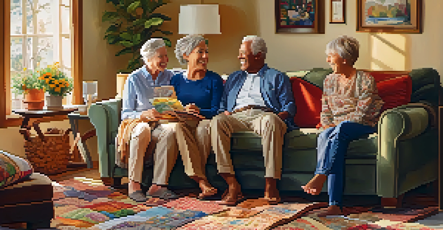 A joyful family gathering with different generations sharing stories in a warm living room.
