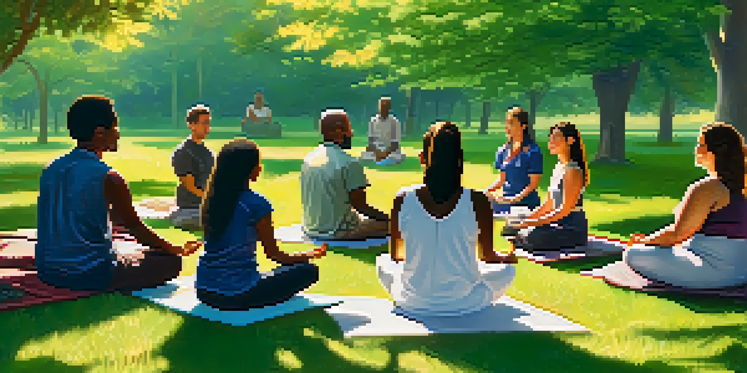 A diverse group of activists meditating in a circle on grass, surrounded by flowers and trees, with sunlight filtering through the leaves.