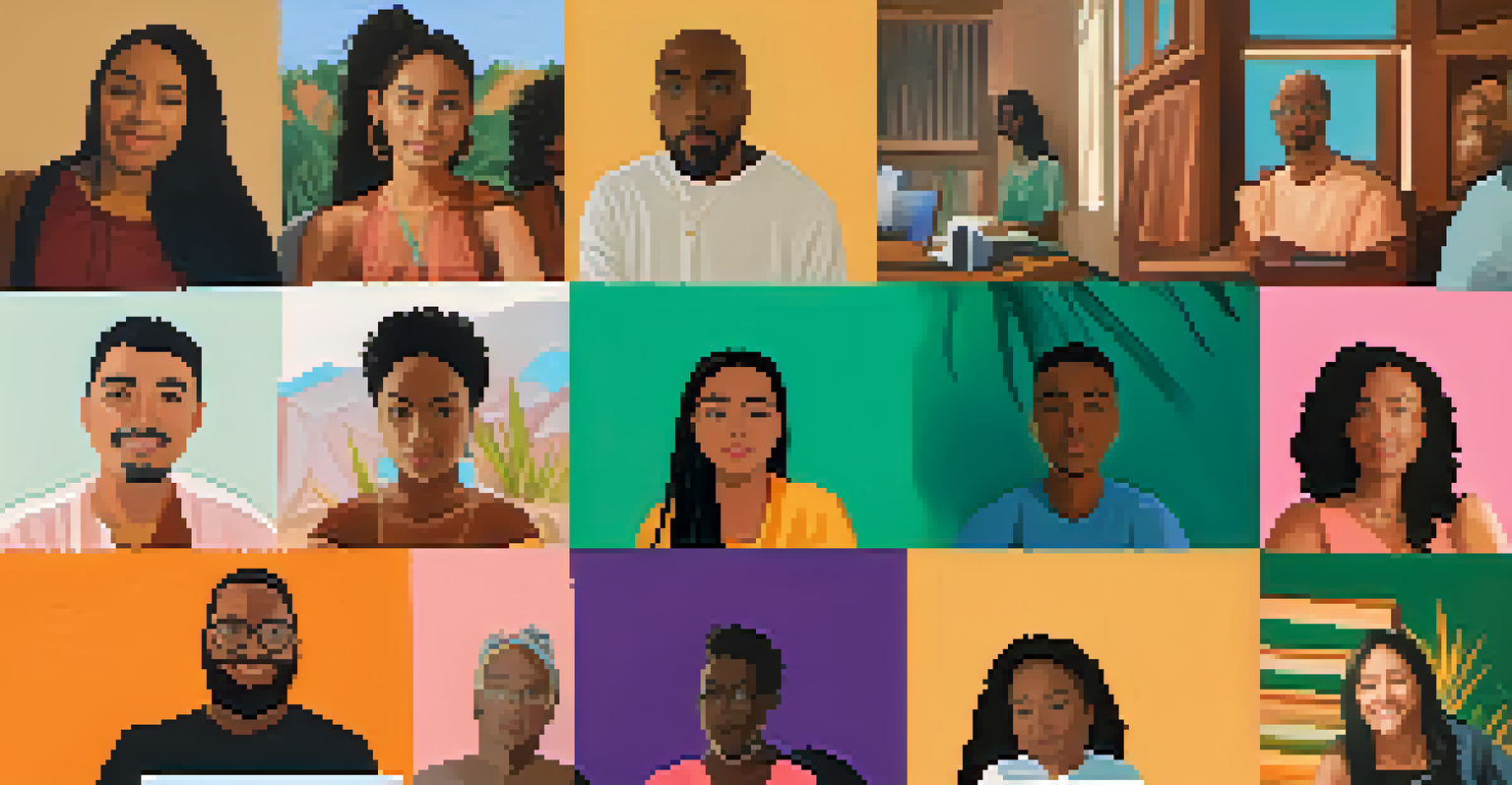 A split-screen image of diverse individuals engaged in an online retreat from their homes, showcasing different cultural settings.