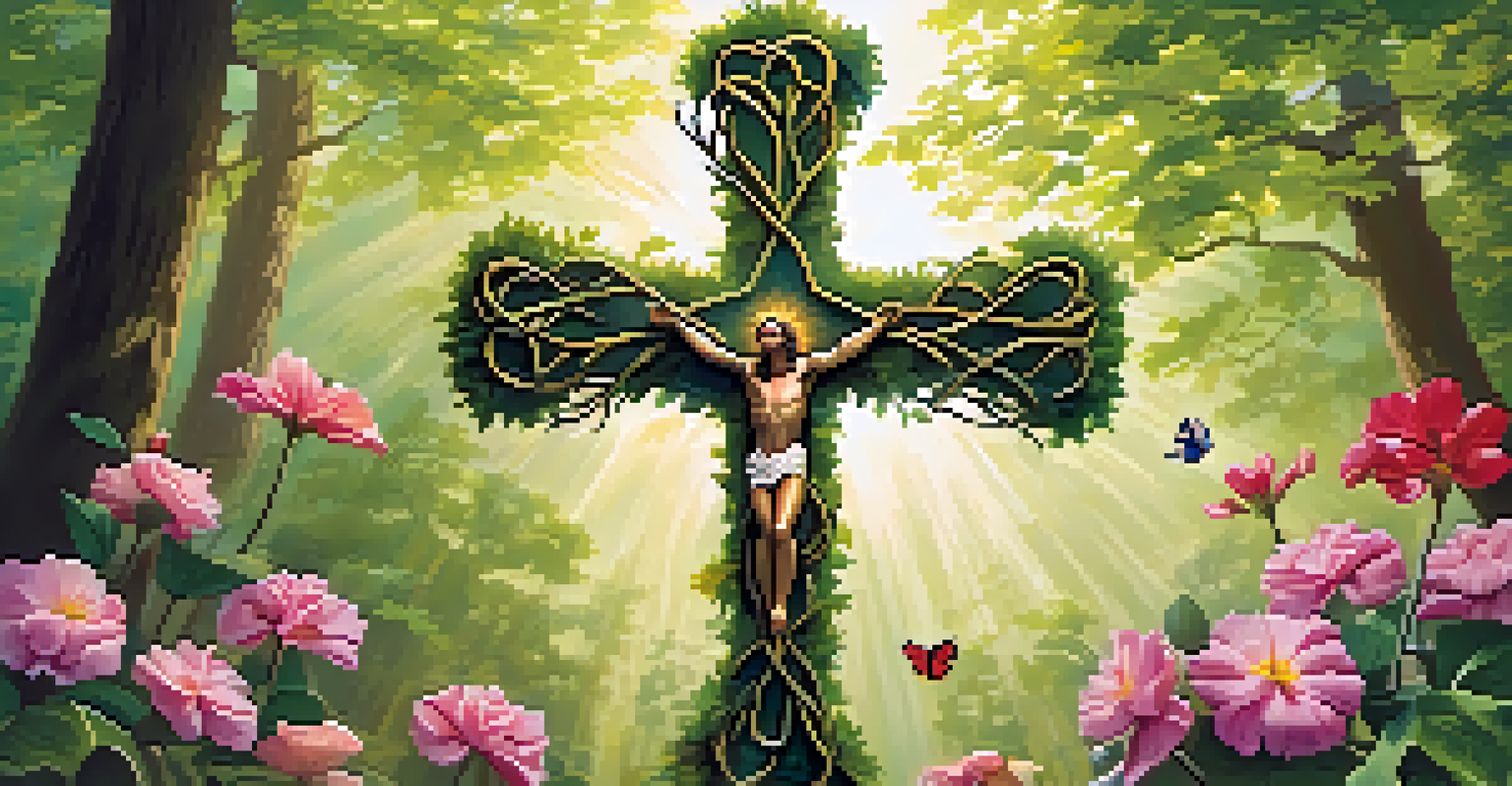An intertwined branch cross surrounded by colorful spring flowers in a serene forest setting.
