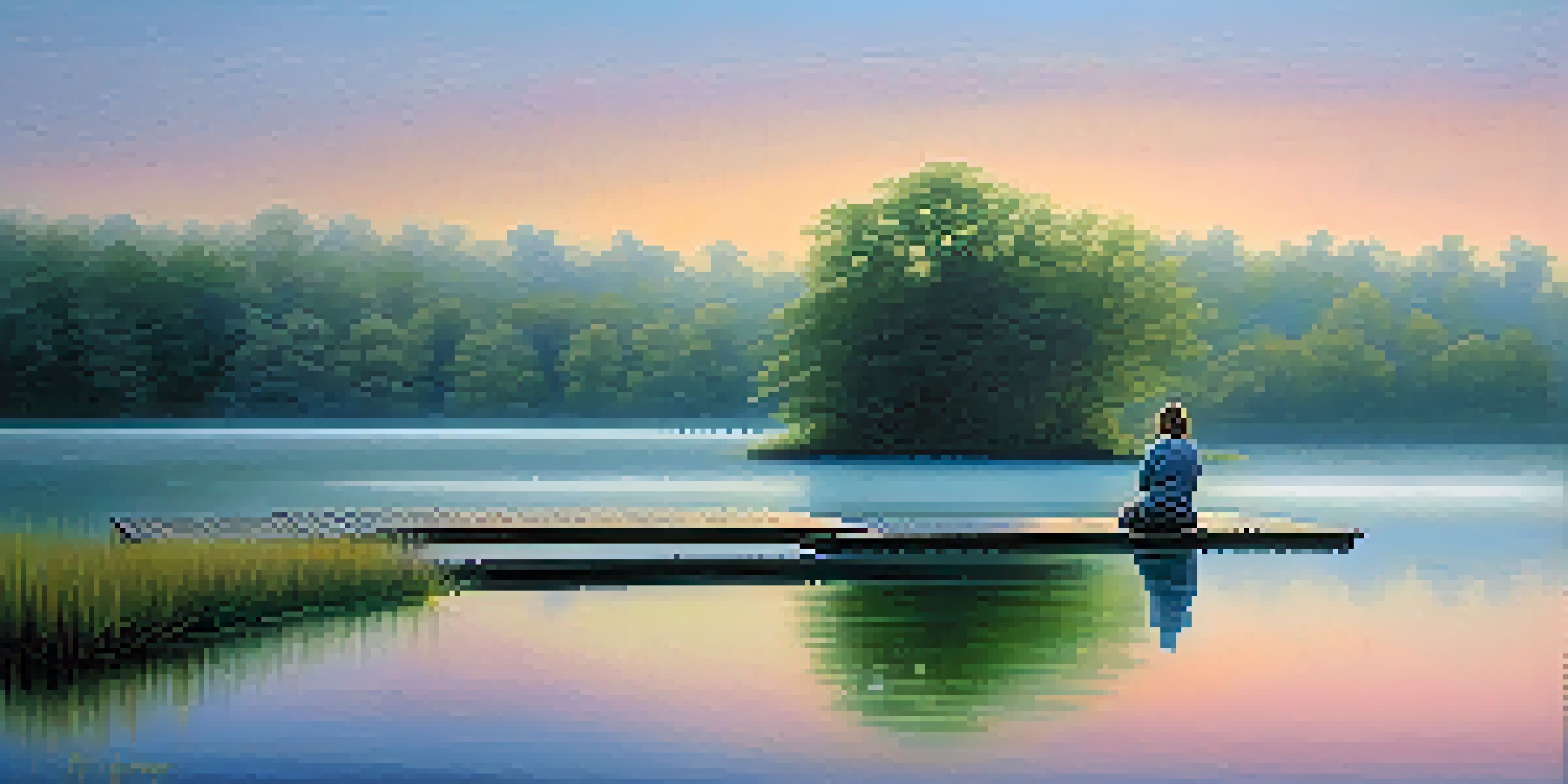 A peaceful scene of a person meditating on a dock by a lake at sunrise, surrounded by trees and mist.