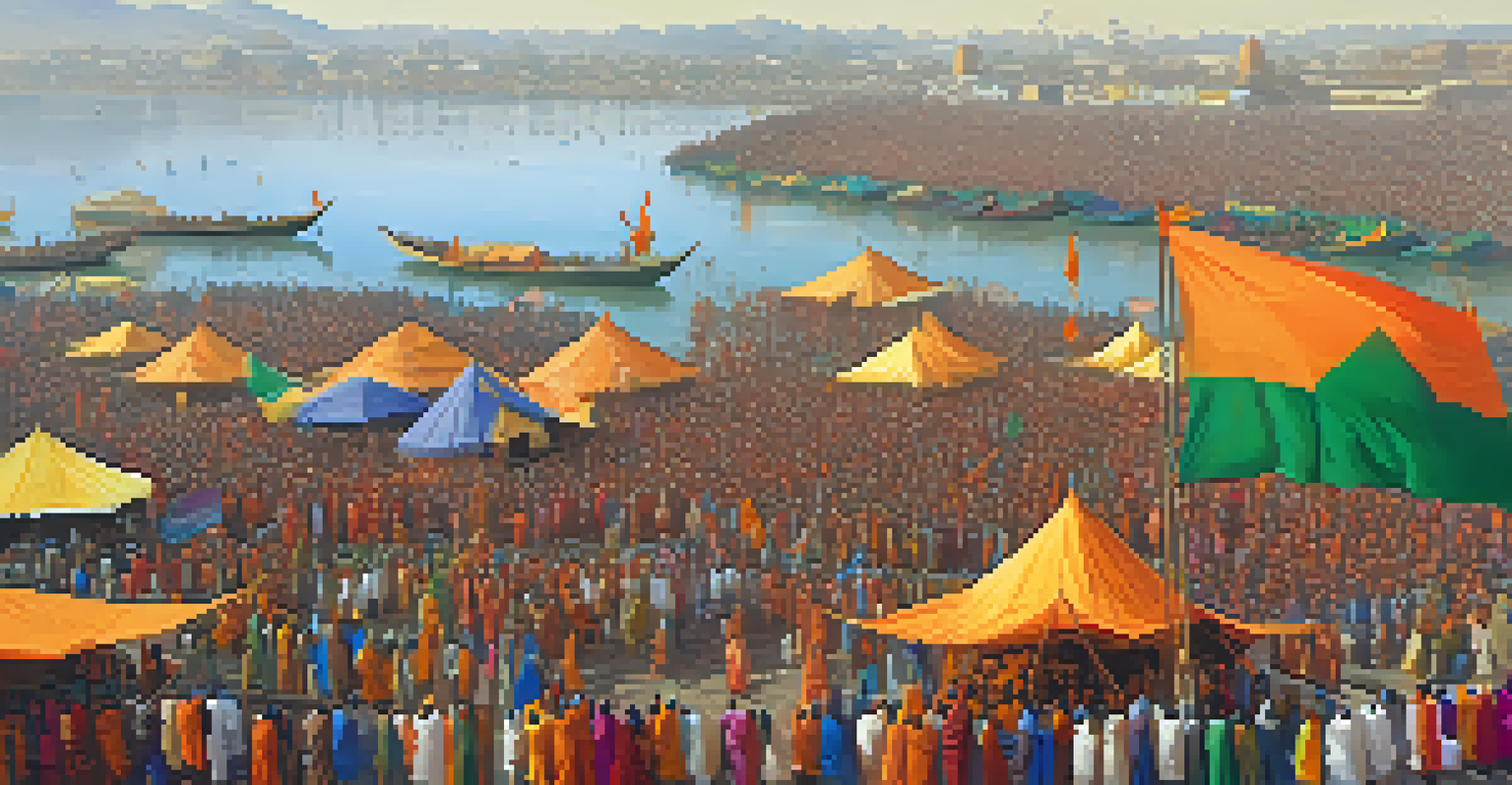 Aerial view of thousands of colorful pilgrims at Kumbh Mela festival by a riverbank in India.