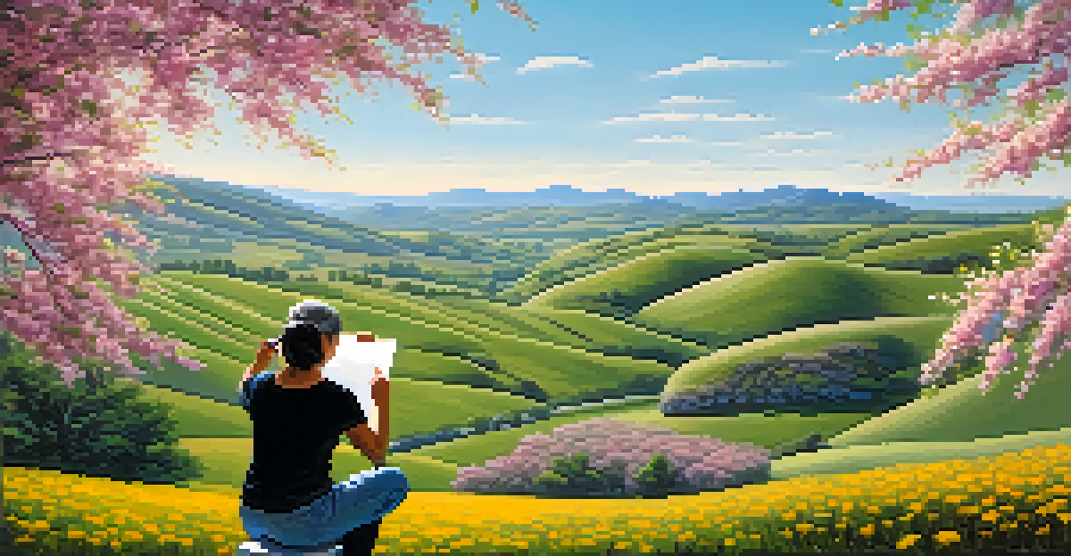 An artist painting a landscape with hills and flowers, immersed in the creative process outdoors.