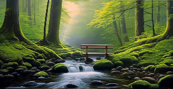 A peaceful forest with sunlight filtering through trees, moss on the ground, and a stream reflecting the foliage.
