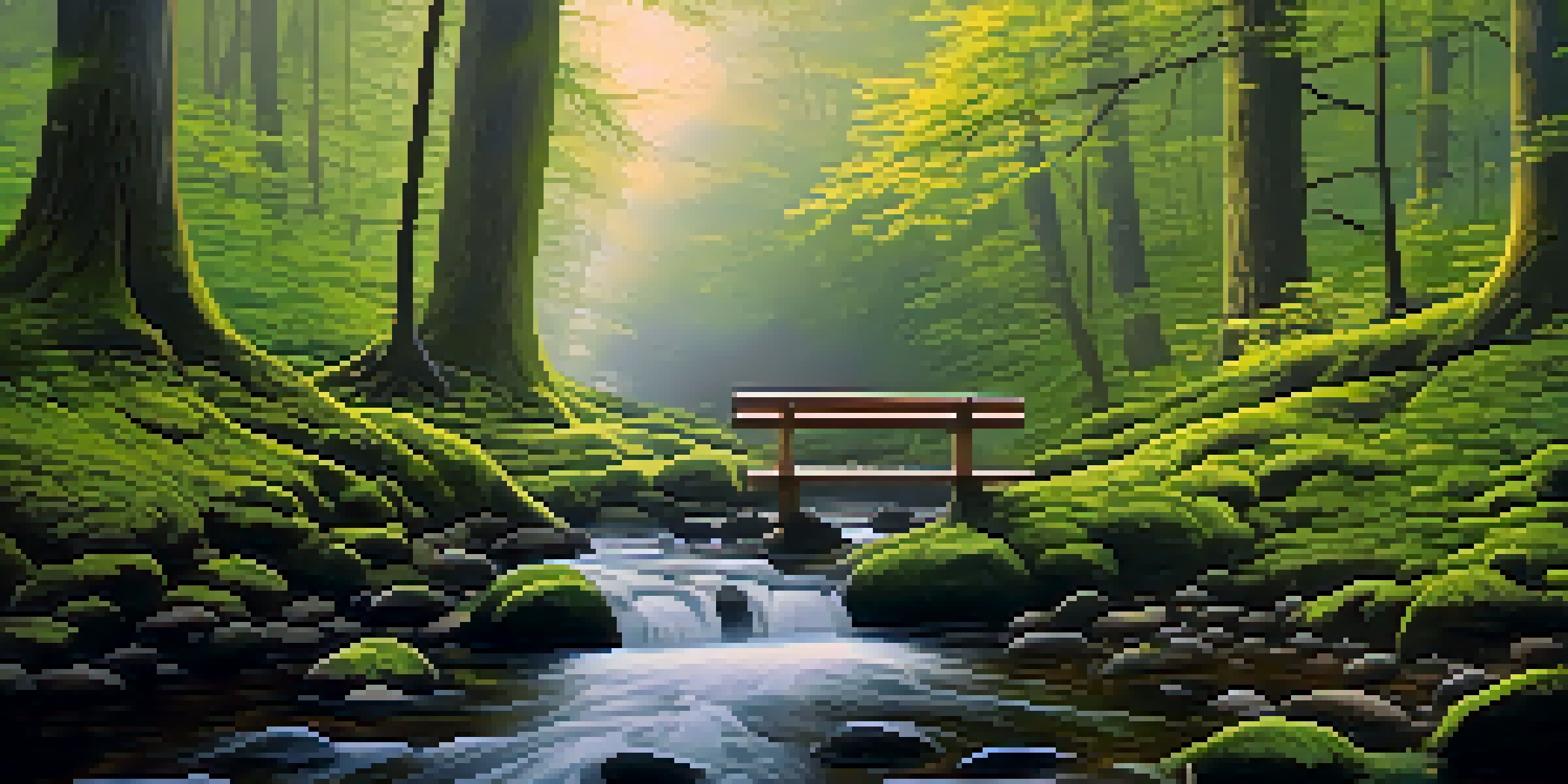 A peaceful forest with sunlight filtering through trees, moss on the ground, and a stream reflecting the foliage.