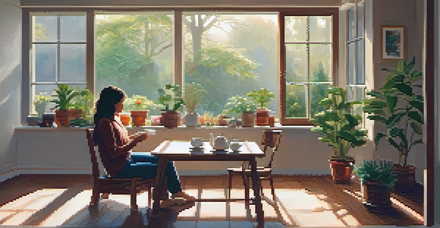 A person sitting in a cozy nook, practicing mindfulness with a cup of tea nearby, surrounded by plants and warm lighting.