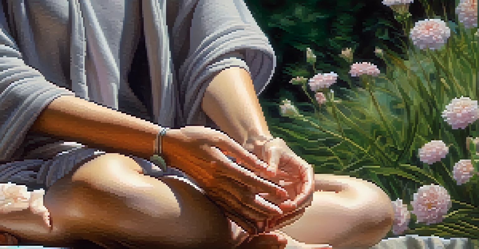 Close-up of a person's hands in a meditation pose against a blurred outdoor background.