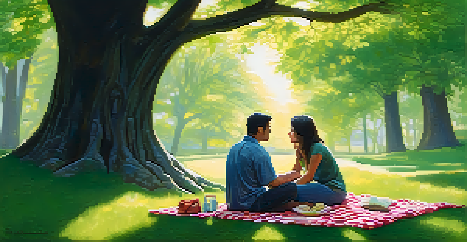 A couple meditating together on a picnic blanket in a green park, surrounded by nature and dappled sunlight.