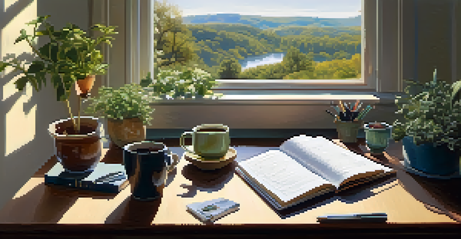 A person writing in a journal at a sunlit desk by a window, with a view of nature and personal items on the desk.