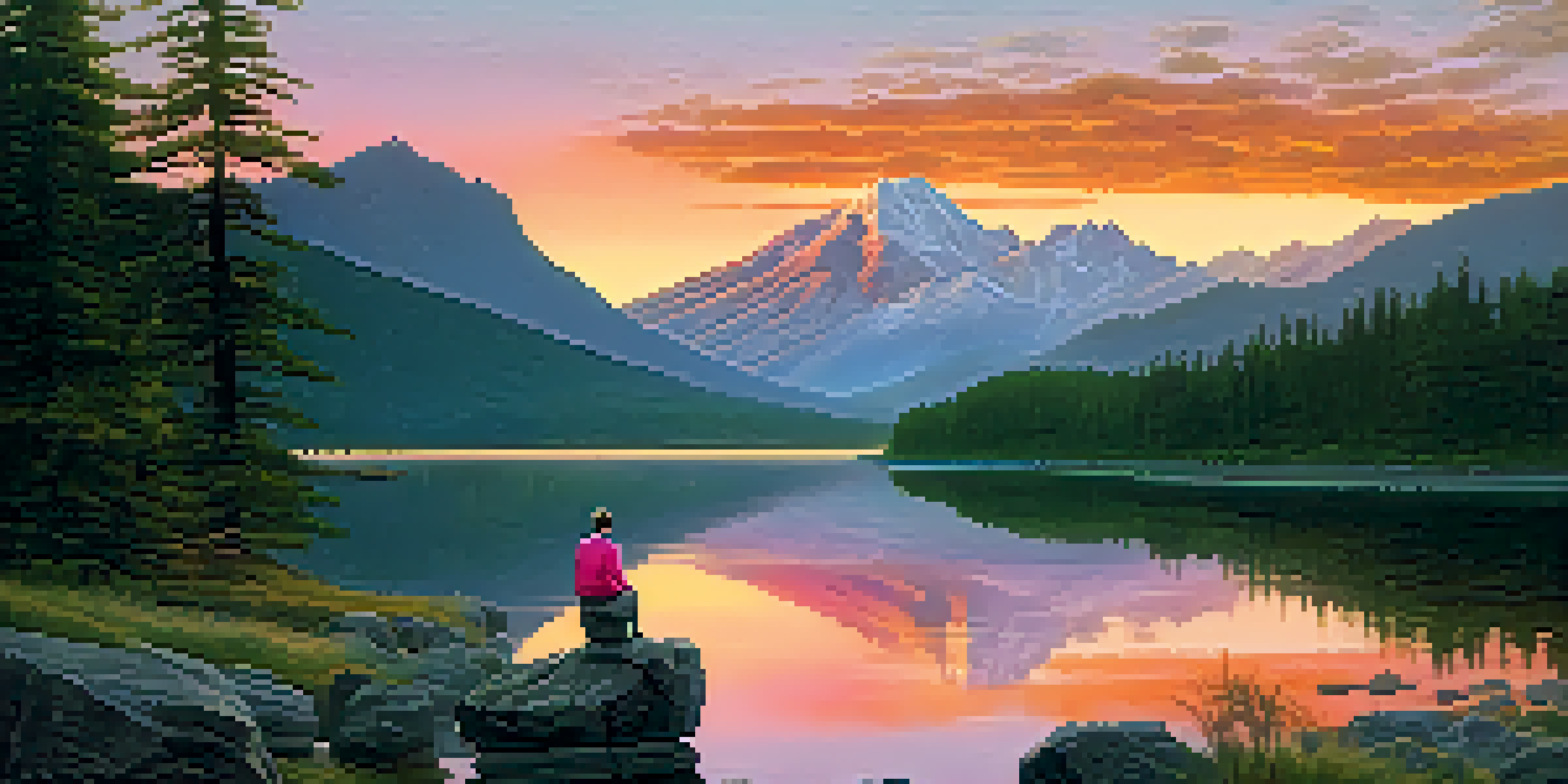 A person standing on a rocky outcrop by a calm lake, gazing at a vibrant sunrise over a majestic mountain range.