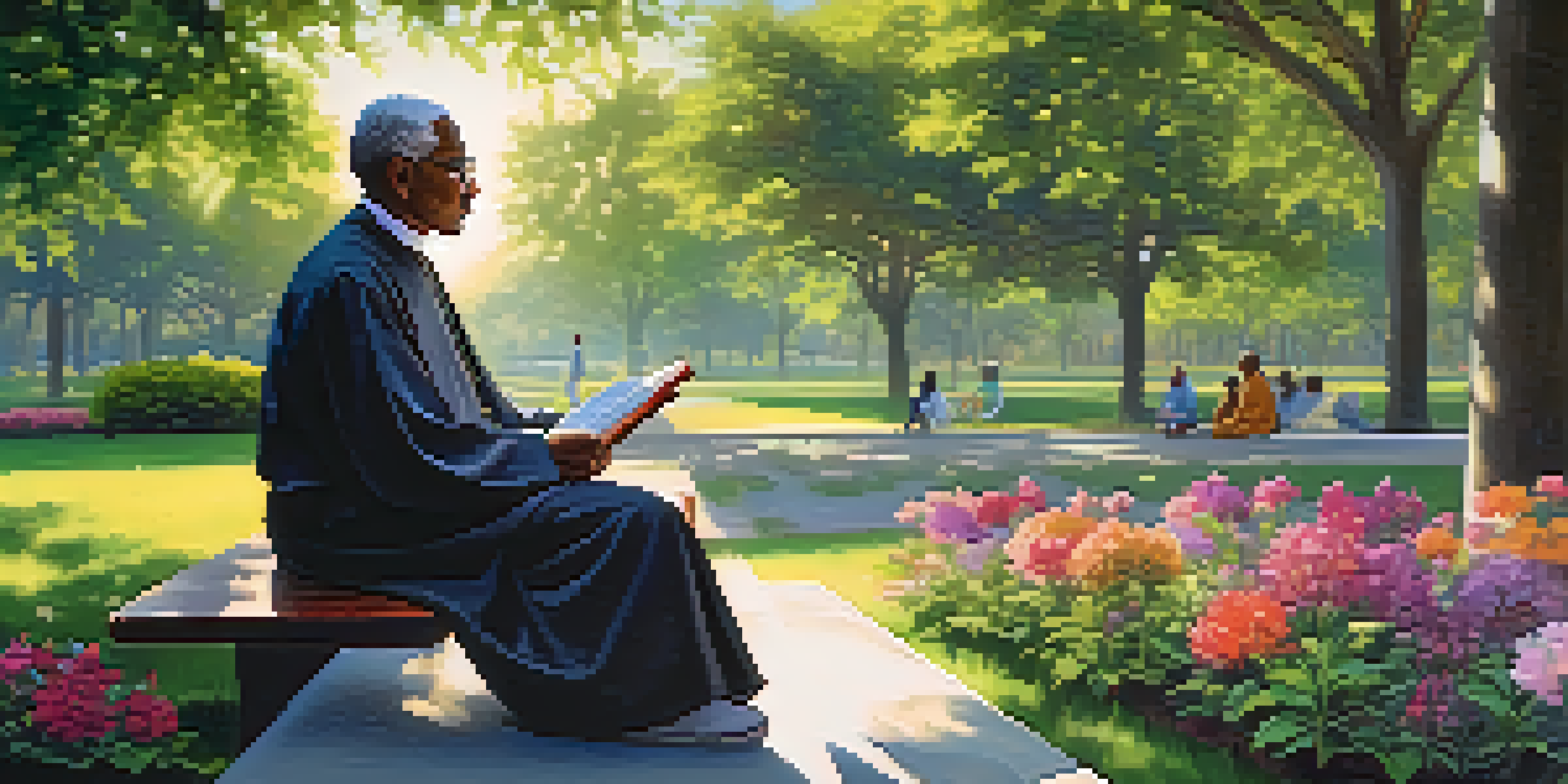 A spiritual leader reading in a park surrounded by people, emphasizing unity and integrity.