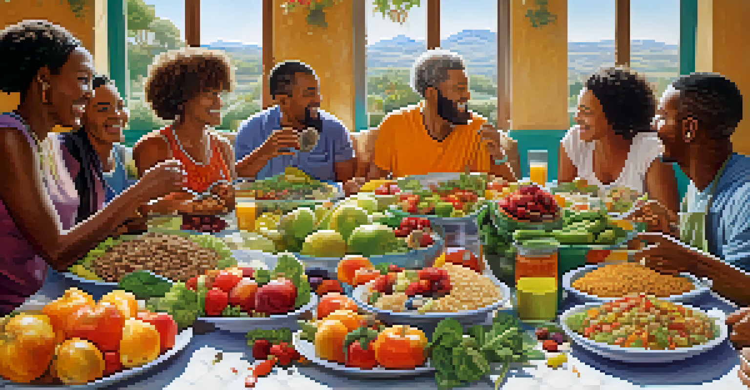 A diverse group of individuals sharing a vibrant and healthy meal together, surrounded by fresh fruits and vegetables.