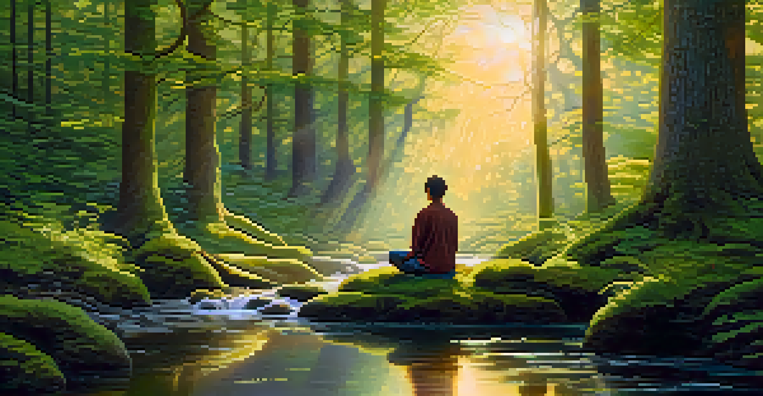 A person meditating in a tranquil forest at sunrise, surrounded by trees and greenery.