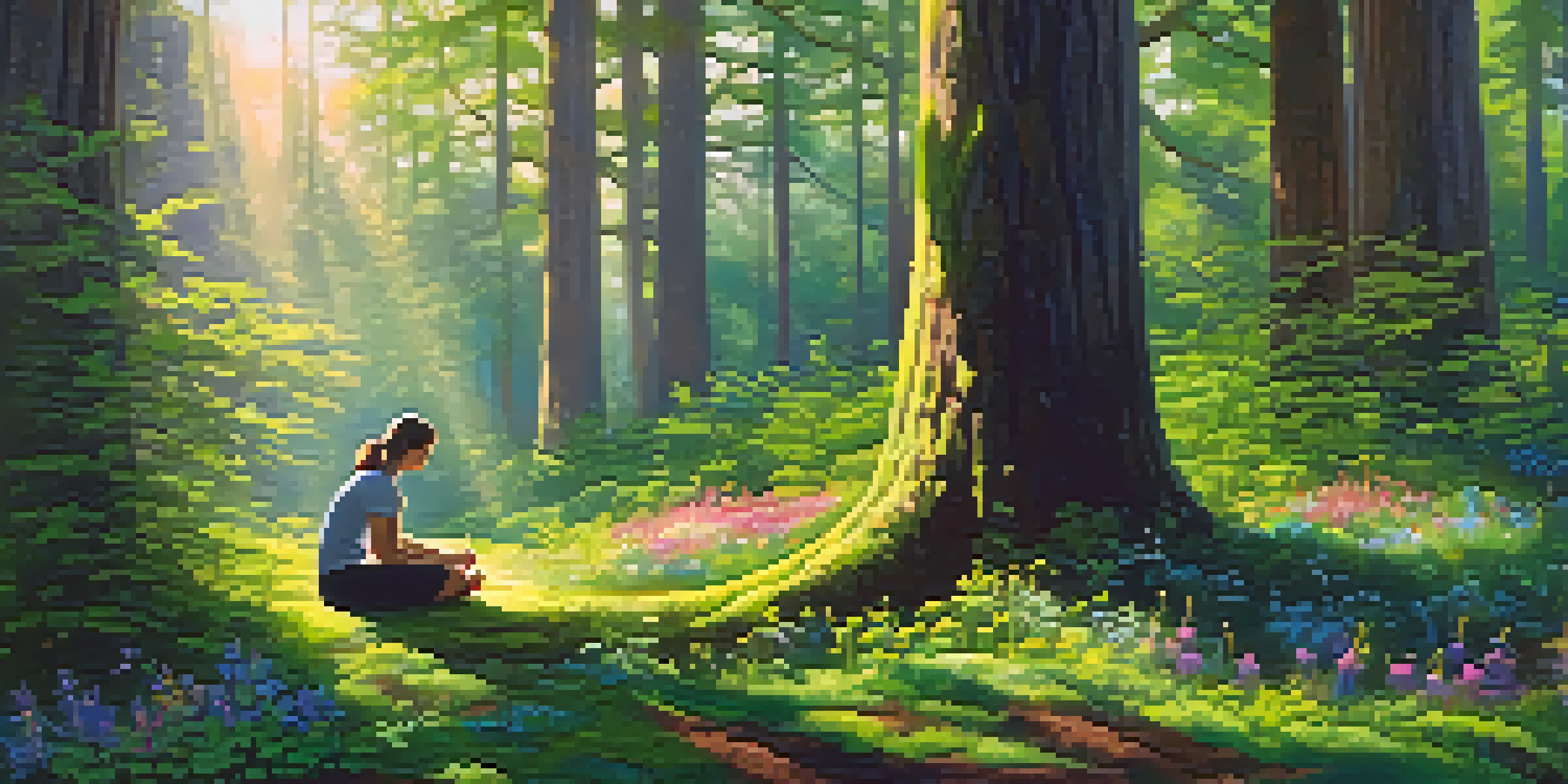A person meditating in a lush green forest, with sunlight streaming through the trees and flowers blooming around them.