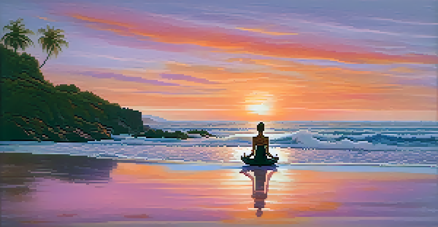 A person practicing yoga on a beach at sunset with vibrant colors in the sky.