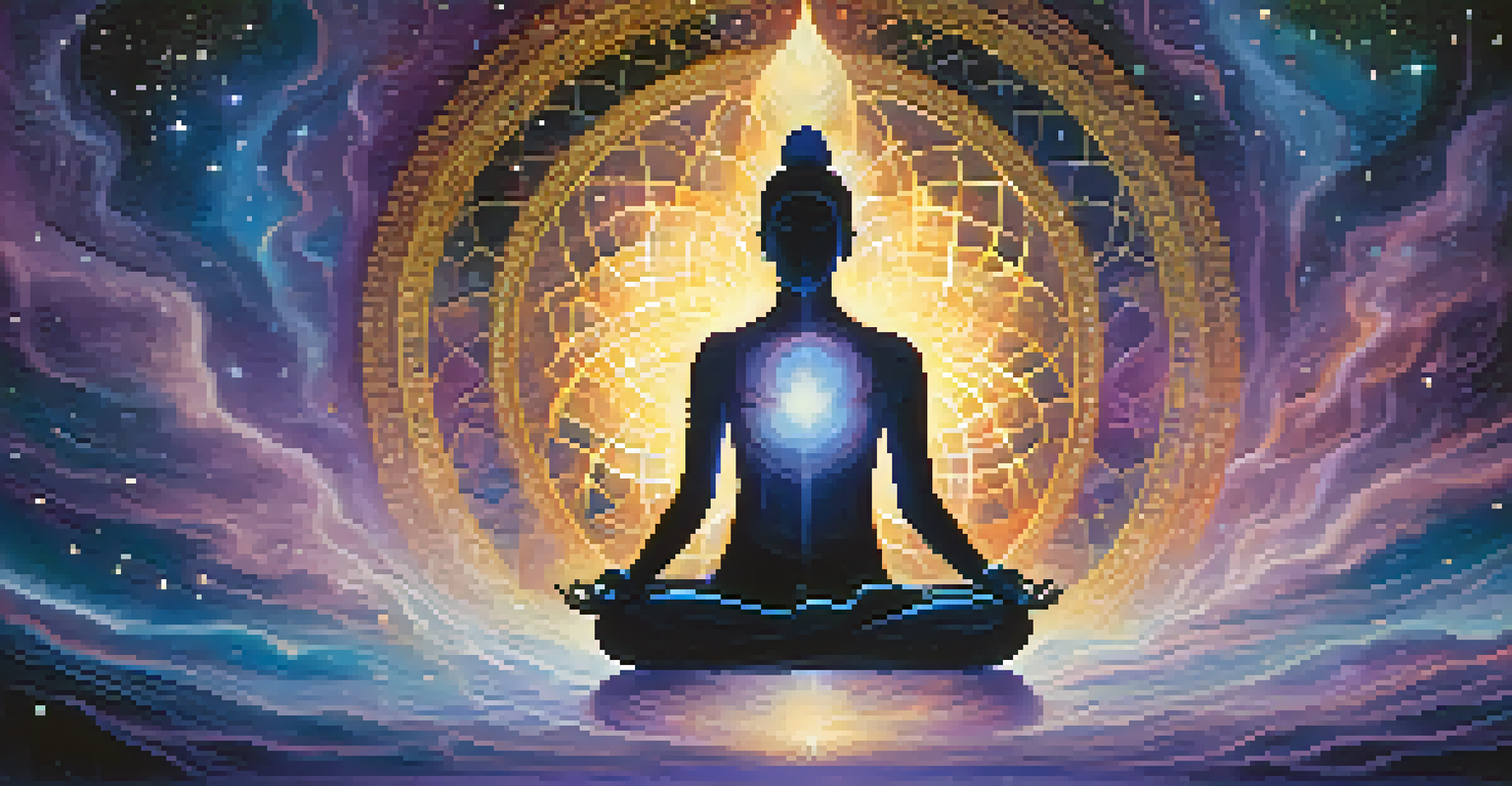 A person meditating with a glowing aura in a cosmic background filled with stars.