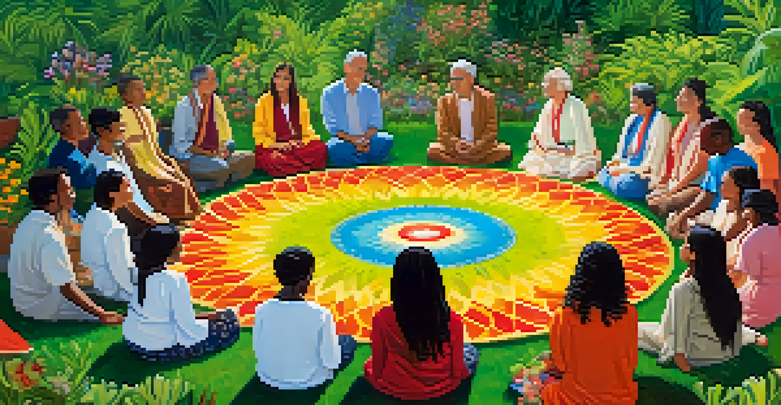 A diverse group of individuals in a garden, sharing stories and connecting in a circle during a communal ritual.
