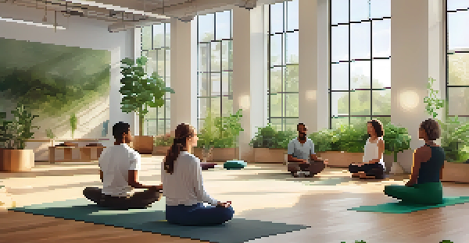 A diverse group of employees participating in a mindfulness session in a bright, plant-filled office.