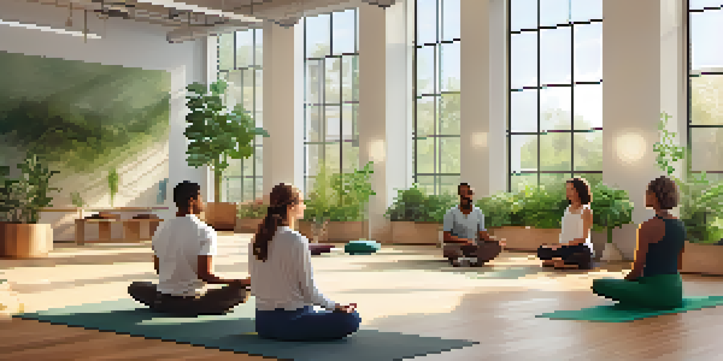 A diverse group of employees participating in a mindfulness session in a bright, plant-filled office.