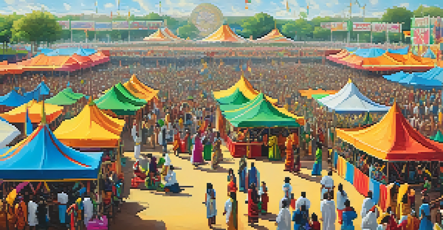 A lively cultural festival with diverse people sharing their spiritual practices through dance, music, and art under colorful tents.